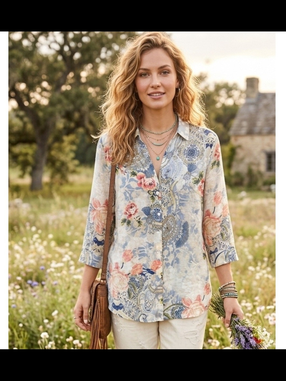 Chico’s Womens XL 100% Linen Button Up Blouse Floral Paisley Artsy Non-Iron Sz 3